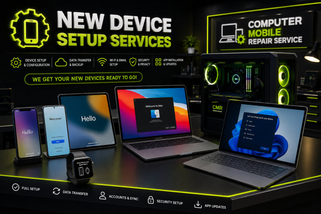 Local family-owned repair shop offering new device setup services in Madison and Hendersonville, TN.