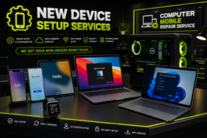 Local family-owned repair shop offering new device setup services in Madison and Hendersonville, TN.